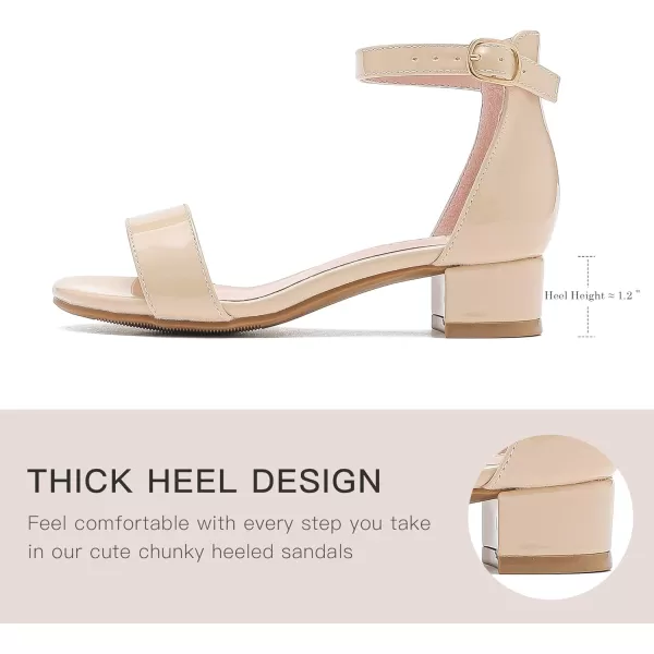 Dufannie Girls Sandals Low Heels Dress Pump Ankle Strap Open Toe Flower Girl Wedding Party for Toddler Little Big KidSingle Patent Nude