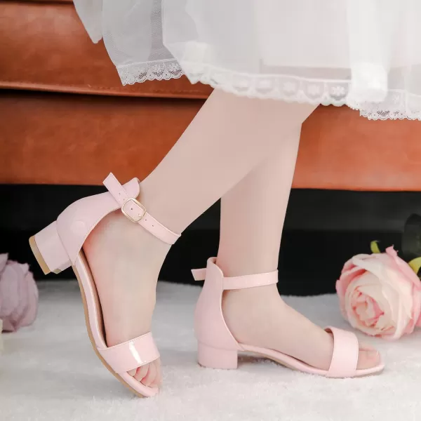 Dufannie Girls Sandals Low Heels Dress Pump Ankle Strap Open Toe Flower Girl Wedding Party for Toddler Little Big KidSingle Patent Pink