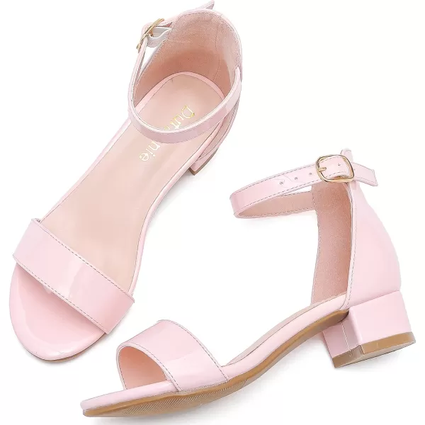 Dufannie Girls Sandals Low Heels Dress Pump Ankle Strap Open Toe Flower Girl Wedding Party for Toddler Little Big KidSingle Patent Pink