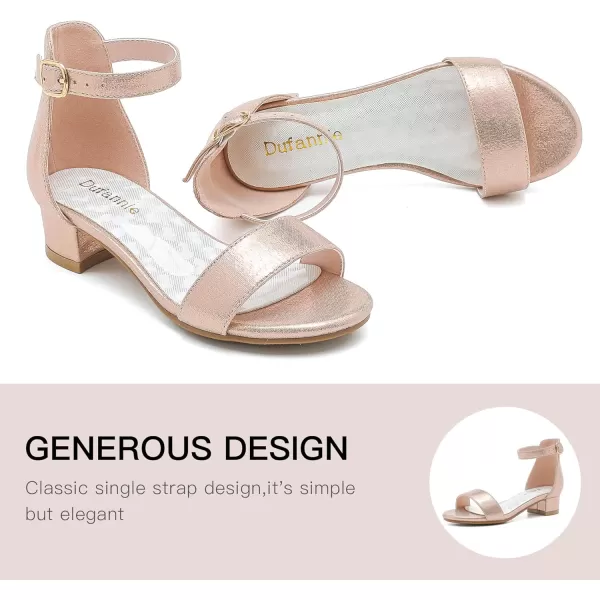Dufannie Girls Sandals Low Heels Dress Pump Ankle Strap Open Toe Flower Girl Wedding Party for Toddler Little Big KidSingle Pearl Rosegold