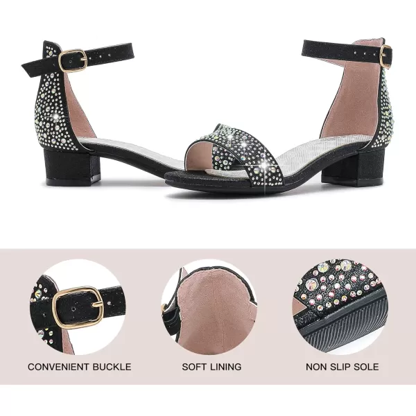 Dufannie Girls Sandals Low Heels Dress Pump Ankle Strap Open Toe Flower Girl Wedding Party for Toddler Little Big KidSingle Rhinestone Black