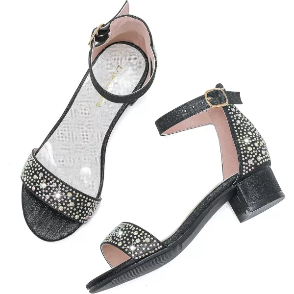 Dufannie Girls Sandals Low Heels Dress Pump Ankle Strap Open Toe Flower Girl Wedding Party for Toddler Little Big KidSingle Rhinestone Black