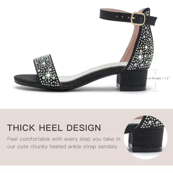 Dufannie Girls Sandals Low Heels Dress Pump Ankle Strap Open Toe Flower Girl Wedding Party for Toddler Little Big KidSingle Rhinestone Black