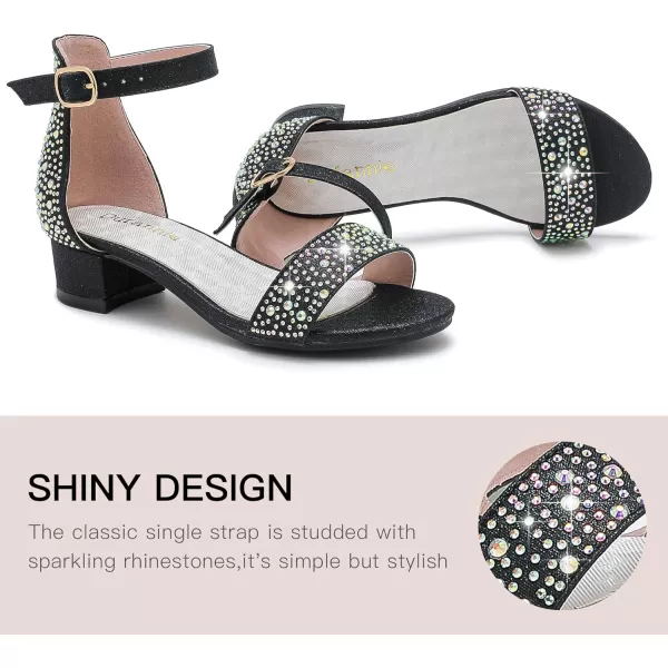 Dufannie Girls Sandals Low Heels Dress Pump Ankle Strap Open Toe Flower Girl Wedding Party for Toddler Little Big KidSingle Rhinestone Black