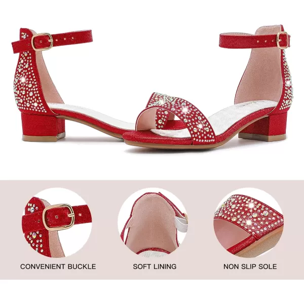 Dufannie Girls Sandals Low Heels Dress Pump Ankle Strap Open Toe Flower Girl Wedding Party for Toddler Little Big KidSingle Rhinestone Red