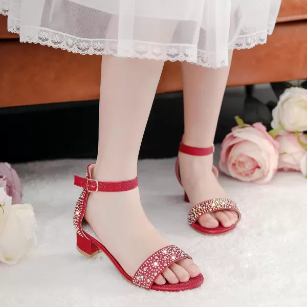 Dufannie Girls Sandals Low Heels Dress Pump Ankle Strap Open Toe Flower Girl Wedding Party for Toddler Little Big KidSingle Rhinestone Red