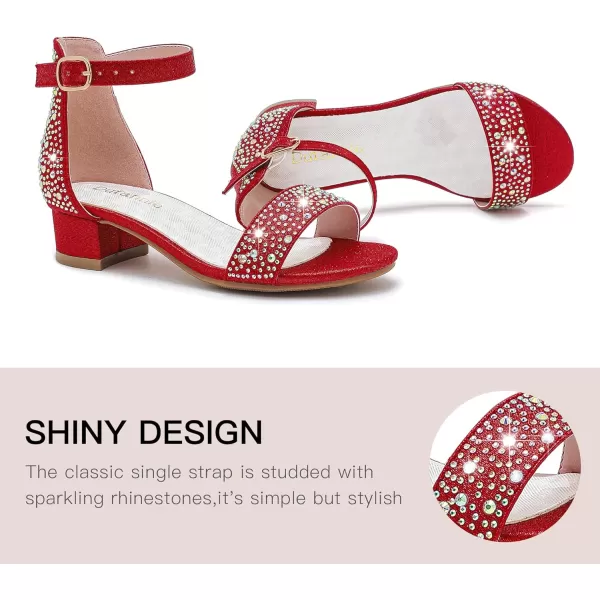 Dufannie Girls Sandals Low Heels Dress Pump Ankle Strap Open Toe Flower Girl Wedding Party for Toddler Little Big KidSingle Rhinestone Red