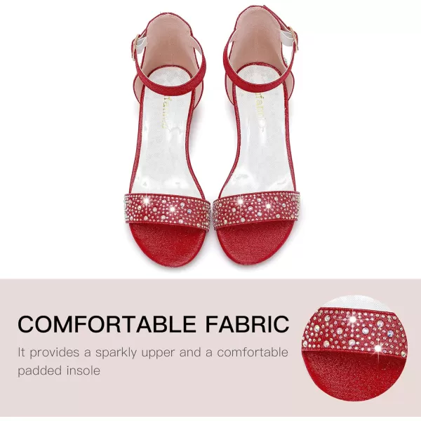 Dufannie Girls Sandals Low Heels Dress Pump Ankle Strap Open Toe Flower Girl Wedding Party for Toddler Little Big KidSingle Rhinestone Red