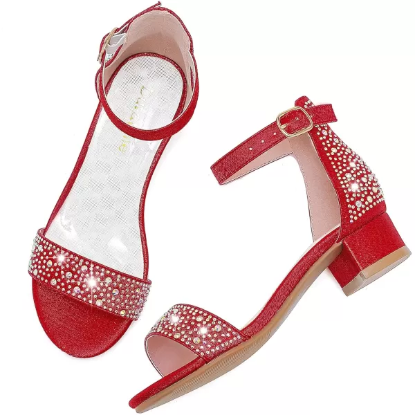 Dufannie Girls Sandals Low Heels Dress Pump Ankle Strap Open Toe Flower Girl Wedding Party for Toddler Little Big KidSingle Rhinestone Red