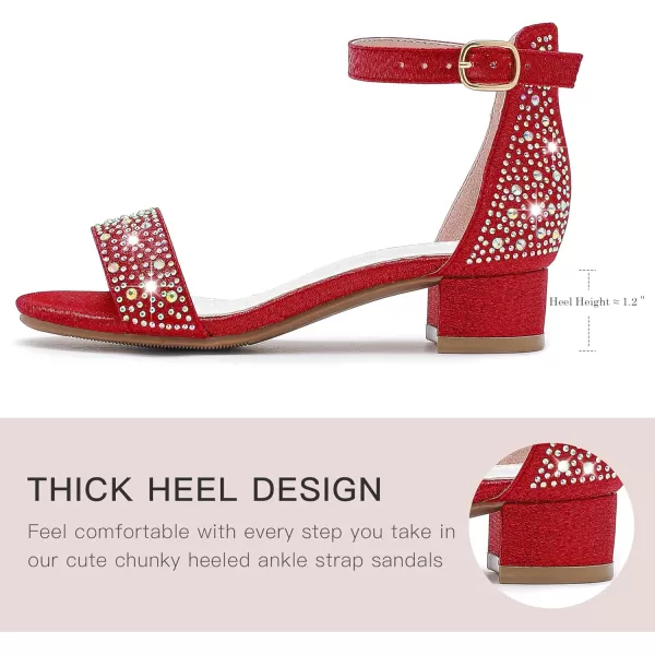 Dufannie Girls Sandals Low Heels Dress Pump Ankle Strap Open Toe Flower Girl Wedding Party for Toddler Little Big KidSingle Rhinestone Red