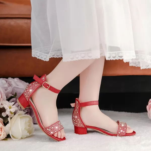 Dufannie Girls Sandals Low Heels Dress Pump Ankle Strap Open Toe Flower Girl Wedding Party for Toddler Little Big KidSingle Rhinestone Red