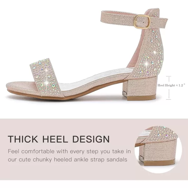 Dufannie Girls Sandals Low Heels Dress Pump Ankle Strap Open Toe Flower Girl Wedding Party for Toddler Little Big KidSingle Rhinestone Rosegold