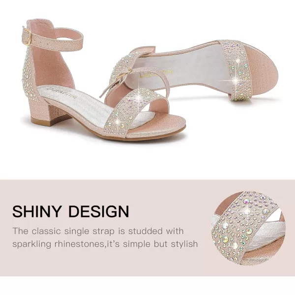 Dufannie Girls Sandals Low Heels Dress Pump Ankle Strap Open Toe Flower Girl Wedding Party for Toddler Little Big KidSingle Rhinestone Rosegold