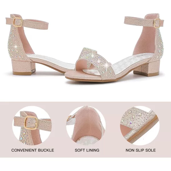 Dufannie Girls Sandals Low Heels Dress Pump Ankle Strap Open Toe Flower Girl Wedding Party for Toddler Little Big KidSingle Rhinestone Rosegold