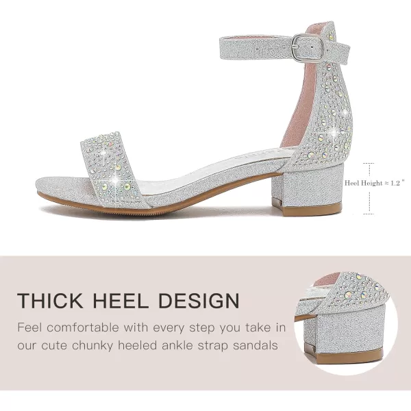 Dufannie Girls Sandals Low Heels Dress Pump Ankle Strap Open Toe Flower Girl Wedding Party for Toddler Little Big KidSingle Rhinestone Silver