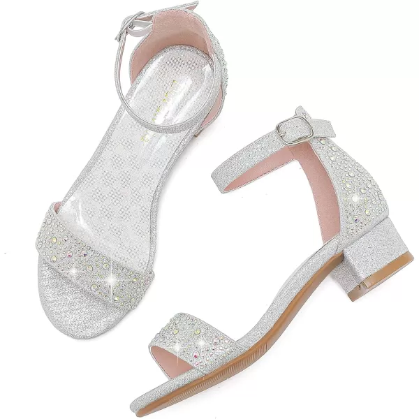Dufannie Girls Sandals Low Heels Dress Pump Ankle Strap Open Toe Flower Girl Wedding Party for Toddler Little Big KidSingle Rhinestone Silver