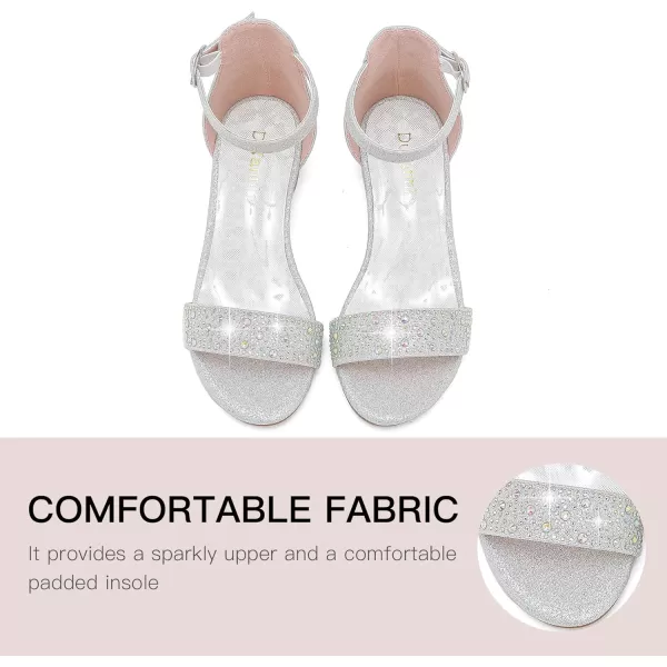 Dufannie Girls Sandals Low Heels Dress Pump Ankle Strap Open Toe Flower Girl Wedding Party for Toddler Little Big KidSingle Rhinestone Silver