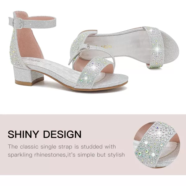 Dufannie Girls Sandals Low Heels Dress Pump Ankle Strap Open Toe Flower Girl Wedding Party for Toddler Little Big KidSingle Rhinestone Silver