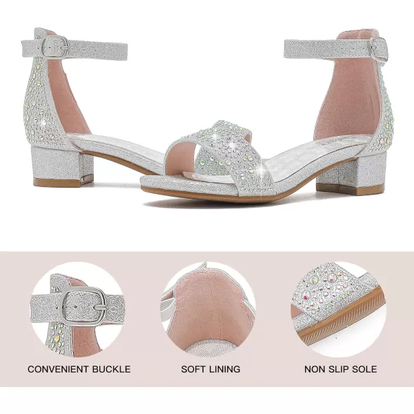 Dufannie Girls Sandals Low Heels Dress Pump Ankle Strap Open Toe Flower Girl Wedding Party for Toddler Little Big KidSingle Rhinestone Silver