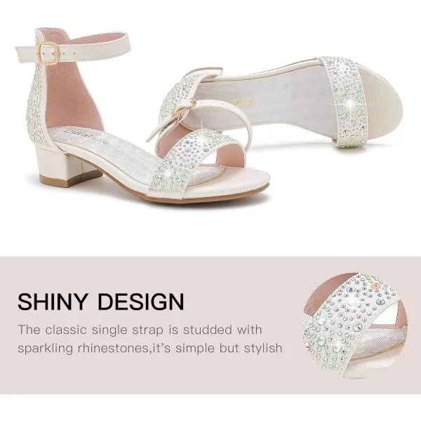 Dufannie Girls Sandals Low Heels Dress Pump Ankle Strap Open Toe Flower Girl Wedding Party for Toddler Little Big KidSingle Rhinestone White