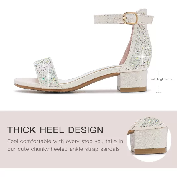Dufannie Girls Sandals Low Heels Dress Pump Ankle Strap Open Toe Flower Girl Wedding Party for Toddler Little Big KidSingle Rhinestone White