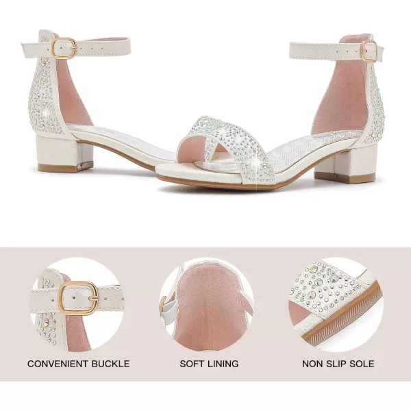 Dufannie Girls Sandals Low Heels Dress Pump Ankle Strap Open Toe Flower Girl Wedding Party for Toddler Little Big KidSingle Rhinestone White