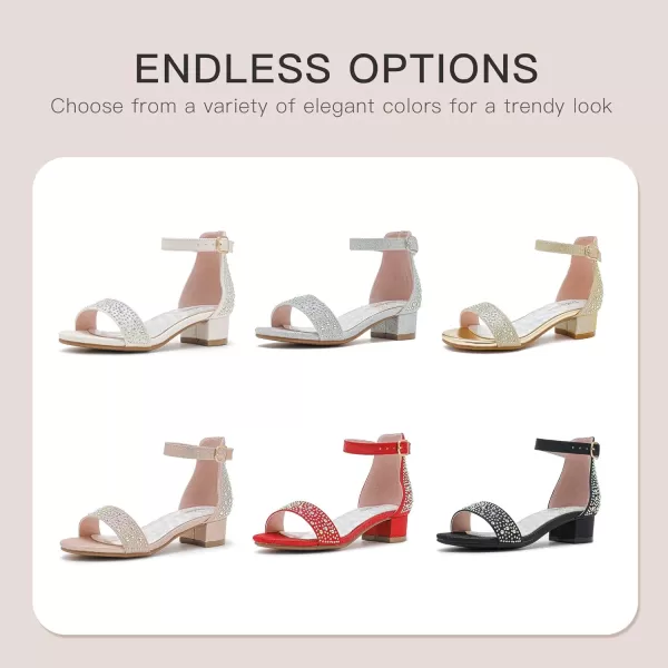 Dufannie Girls Sandals Low Heels Dress Pump Ankle Strap Open Toe Flower Girl Wedding Party for Toddler Little Big KidSingle Rhinestone White