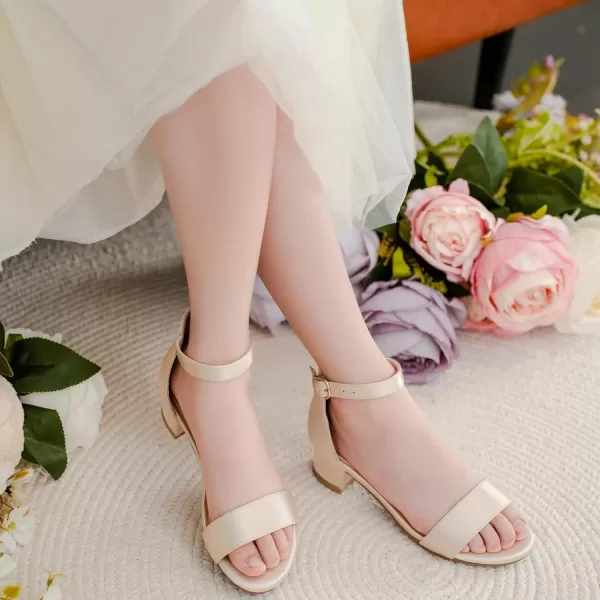 Dufannie Girls Sandals Low Heels Dress Pump Ankle Strap Open Toe Flower Girl Wedding Party for Toddler Little Big KidSingle Satin Cham