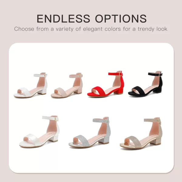 Dufannie Girls Sandals Low Heels Dress Pump Ankle Strap Open Toe Flower Girl Wedding Party for Toddler Little Big KidSingle Satin Ivory