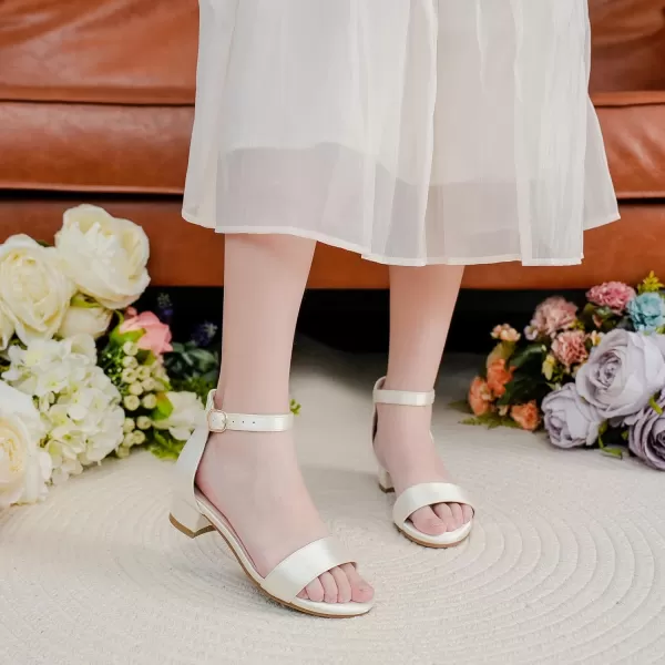 Dufannie Girls Sandals Low Heels Dress Pump Ankle Strap Open Toe Flower Girl Wedding Party for Toddler Little Big KidSingle Satin Ivory