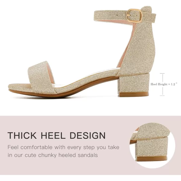 Dufannie Girls Sandals Low Heels Dress Pump Ankle Strap Open Toe Flower Girl Wedding Party for Toddler Little Big KidSingle Shimmer Gold