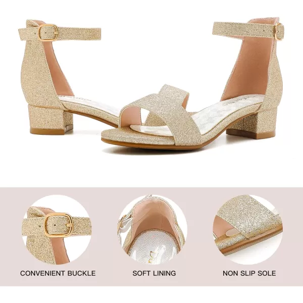 Dufannie Girls Sandals Low Heels Dress Pump Ankle Strap Open Toe Flower Girl Wedding Party for Toddler Little Big KidSingle Shimmer Gold