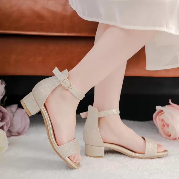 Dufannie Girls Sandals Low Heels Dress Pump Ankle Strap Open Toe Flower Girl Wedding Party for Toddler Little Big KidSingle Shimmer Gold