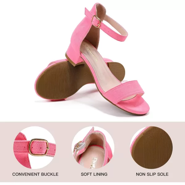 Dufannie Girls Sandals Low Heels Dress Pump Ankle Strap Open Toe Flower Girl Wedding Party for Toddler Little Big KidSingle Suede Fuchsia