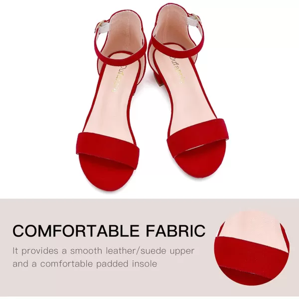 Dufannie Girls Sandals Low Heels Dress Pump Ankle Strap Open Toe Flower Girl Wedding Party for Toddler Little Big KidSingle Suede Red