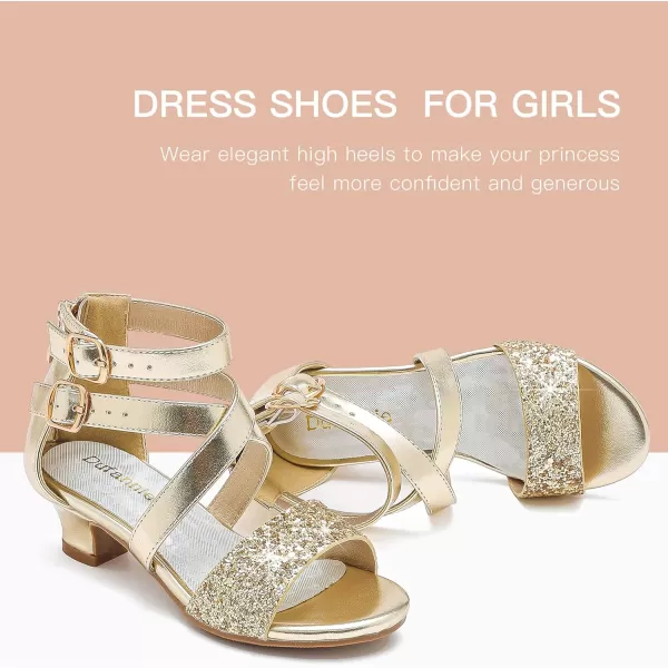Dufannie Toddler Little Big Kid High Heels Flower Girls Party Dress Shoes Glitter Pump SandalsCross Patent Gold