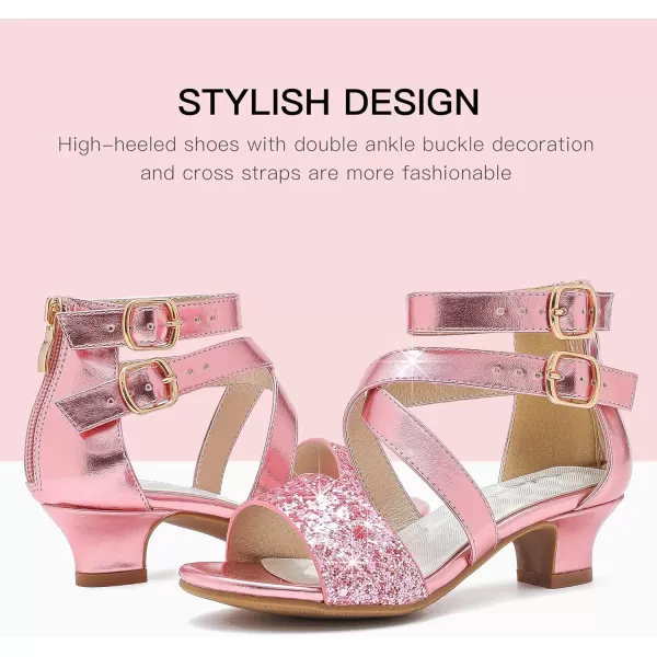 Dufannie Toddler Little Big Kid High Heels Flower Girls Party Dress Shoes Glitter Pump SandalsCross Patent Pink