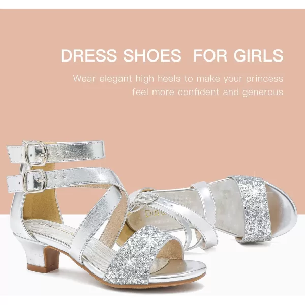 Dufannie Toddler Little Big Kid High Heels Flower Girls Party Dress Shoes Glitter Pump SandalsCross Patent Silver
