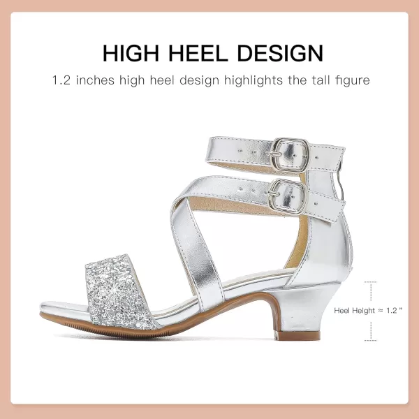Dufannie Toddler Little Big Kid High Heels Flower Girls Party Dress Shoes Glitter Pump SandalsCross Patent Silver