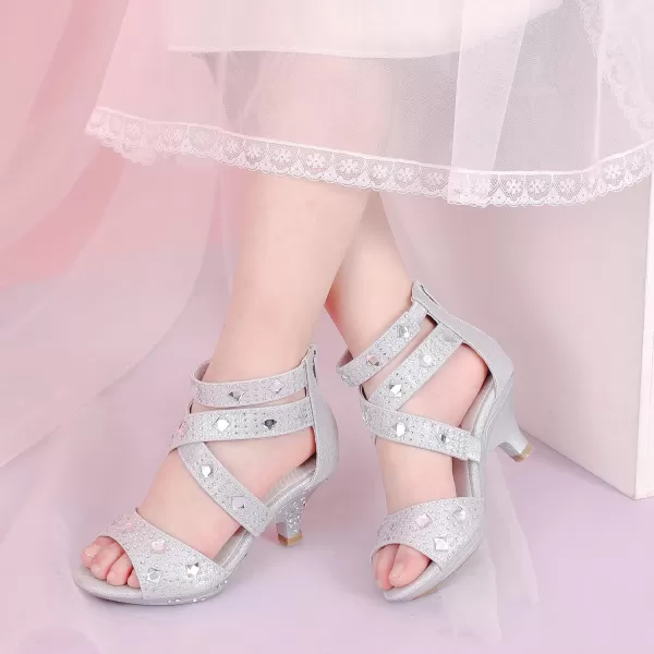Dufannie Toddler Little Big Kid High Heels Flower Girls Party Dress Shoes Glitter Pump SandalsSilver