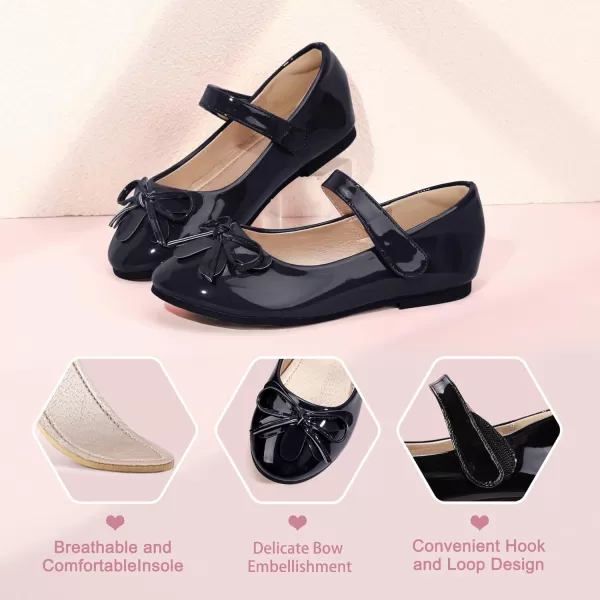Hehainom Girls Dress Shoes Flower ToddlerLittle Kid Girl Shoes Bowknot Mary Jane Ballerina Flat Shoes for School PartyBlack Patent