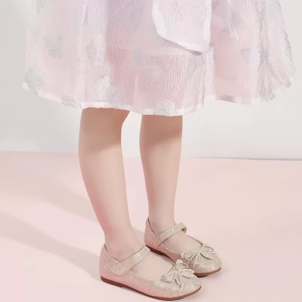 Hehainom Girls Dress Shoes Flower ToddlerLittle Kid Girl Shoes Bowknot Mary Jane Ballerina Flat Shoes for School PartyGold Glitter