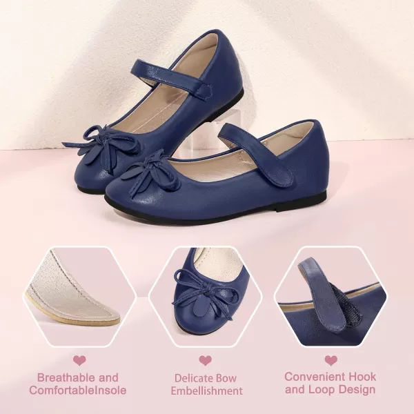 Hehainom Girls Dress Shoes Flower ToddlerLittle Kid Girl Shoes Bowknot Mary Jane Ballerina Flat Shoes for School PartyNavy Pu
