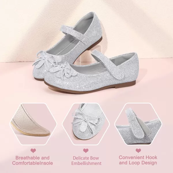 Hehainom Girls Dress Shoes Flower ToddlerLittle Kid Girl Shoes Bowknot Mary Jane Ballerina Flat Shoes for School PartySilver Glitter