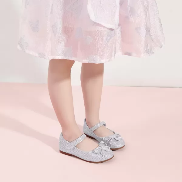 Hehainom Girls Dress Shoes Flower ToddlerLittle Kid Girl Shoes Bowknot Mary Jane Ballerina Flat Shoes for School PartySilver Glitter