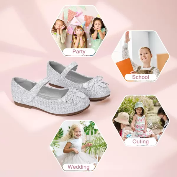 Hehainom Girls Dress Shoes Flower ToddlerLittle Kid Girl Shoes Bowknot Mary Jane Ballerina Flat Shoes for School PartySilver Glitter