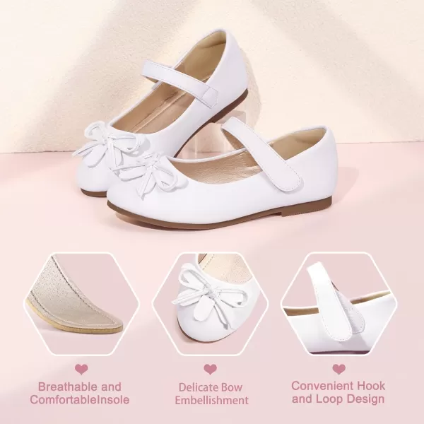 Hehainom Girls Dress Shoes Flower ToddlerLittle Kid Girl Shoes Bowknot Mary Jane Ballerina Flat Shoes for School PartyWhite Pu