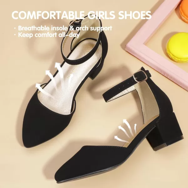Hehainom Girls Dress Shoes High Heels Sandals Ankle Strap Flower Girl Little Big Kid Mary Jane Wedding Party Communion Mily Pump ShoesBlack Nubuck