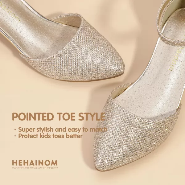 Hehainom Girls Dress Shoes High Heels Sandals Ankle Strap Flower Girl Little Big Kid Mary Jane Wedding Party Communion Mily Pump ShoesGold Glitter