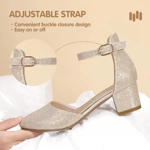Hehainom Girls Dress Shoes High Heels Sandals Ankle Strap Flower Girl Little Big Kid Mary Jane Wedding Party Communion Mily Pump ShoesGold Glitter